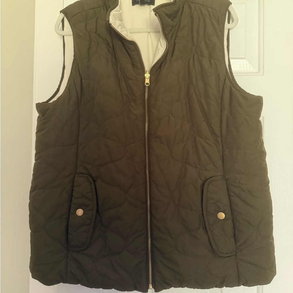 Talbots Quilted Sleeveless Vest in Olive Green with Gold Zip